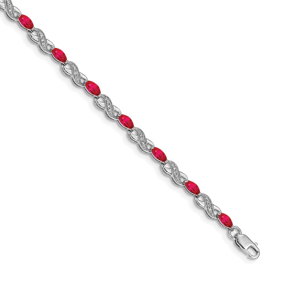 14k White Gold Diamond and Ruby (July Birthstone) Infinity Bracelet, 7" Length